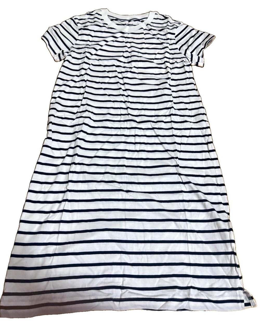 PACT Women’s Striped T-Shirt Dress White/Navy Crew Neck Pockets Size XS